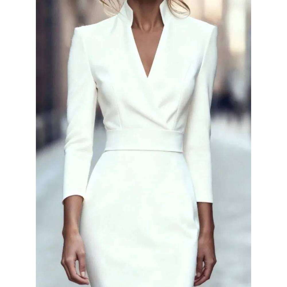 Sexy V Neck High Waisted Commuting Midi Simple Solid Color Long Sleeved A-line New Women Elegant Autumn Party Dress XJ260225