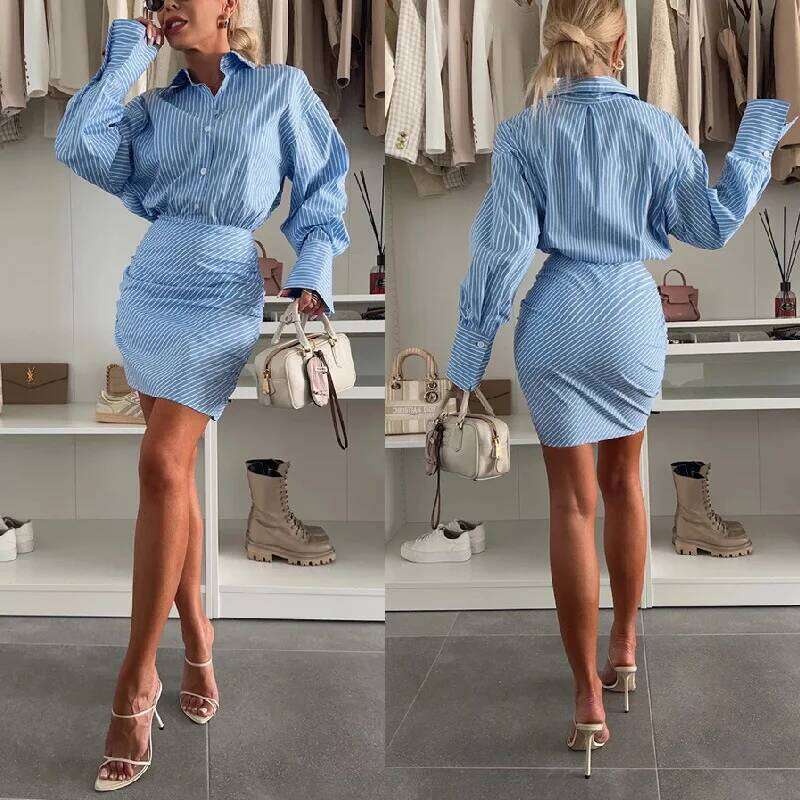 Elegant Stripe Office Dresses Women Lapel Long Sleeve Single Breasted Split Dress 2025 Spring Summer High Street Lady Vestidos XJ260225
