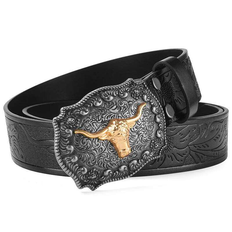 1pc New Men's Western Cowboy - Cool Handsome Black PU BELT Material Embossed Design and Stylish Alloy Buckle Men Belt Y260225
