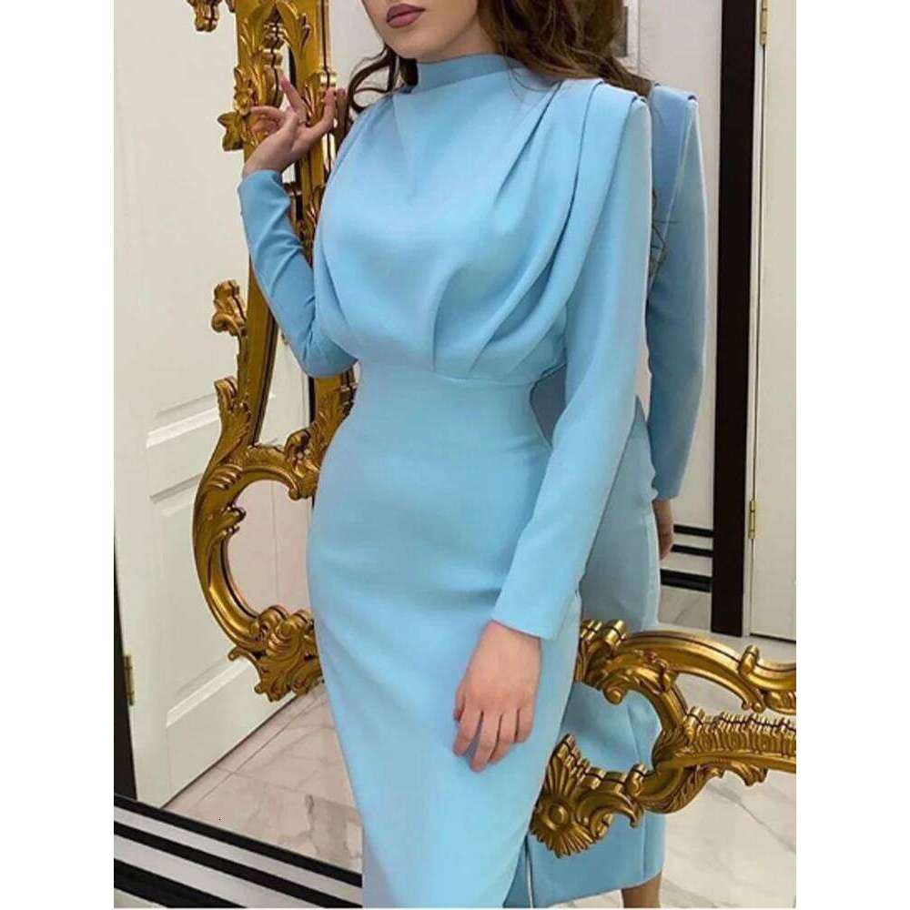 Round Neck Pleated Long Sleeved High Waisted Solid Color Women's Daily Office Elegant Urban Style Autumn Dress XJ260225