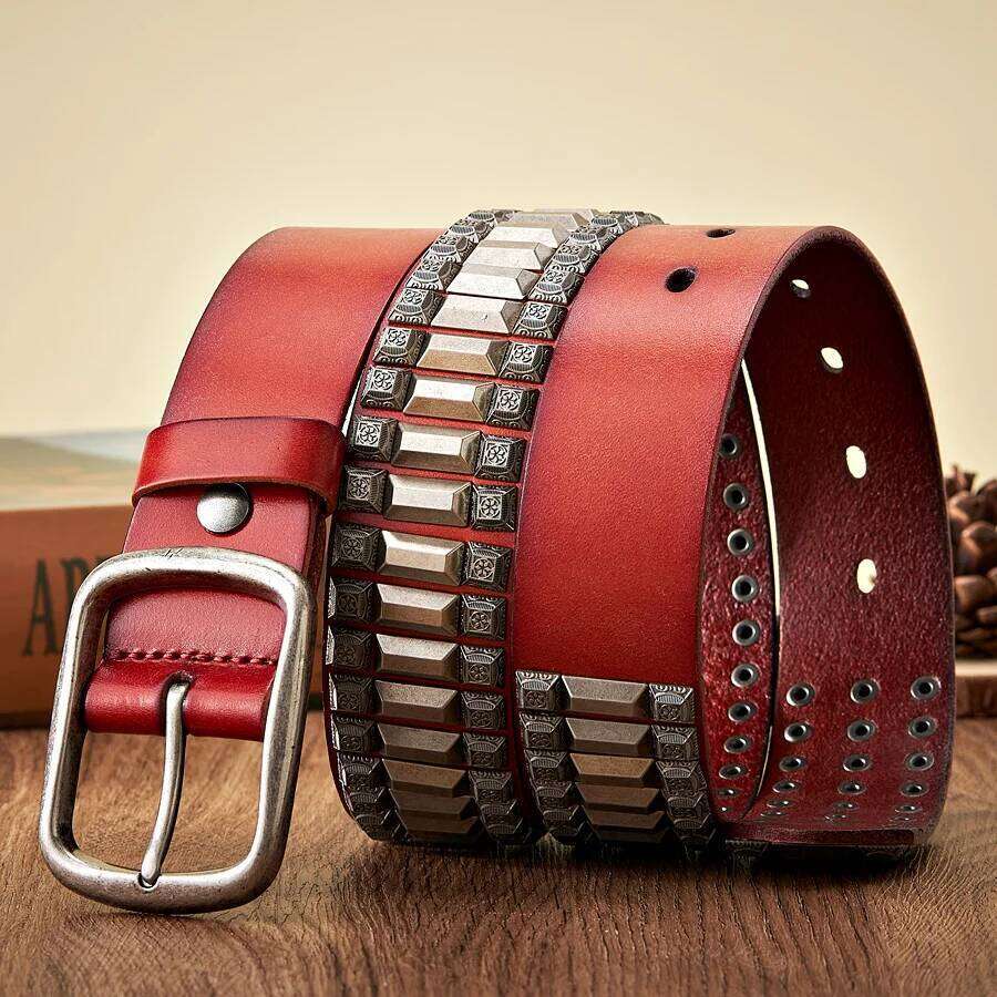 New Cowboy Motorcycle Jeans Heavy Metal Rivet Belts For Men Genuine Leather Belt Punk Rock Male Strap Ceinture Homme Y260225
