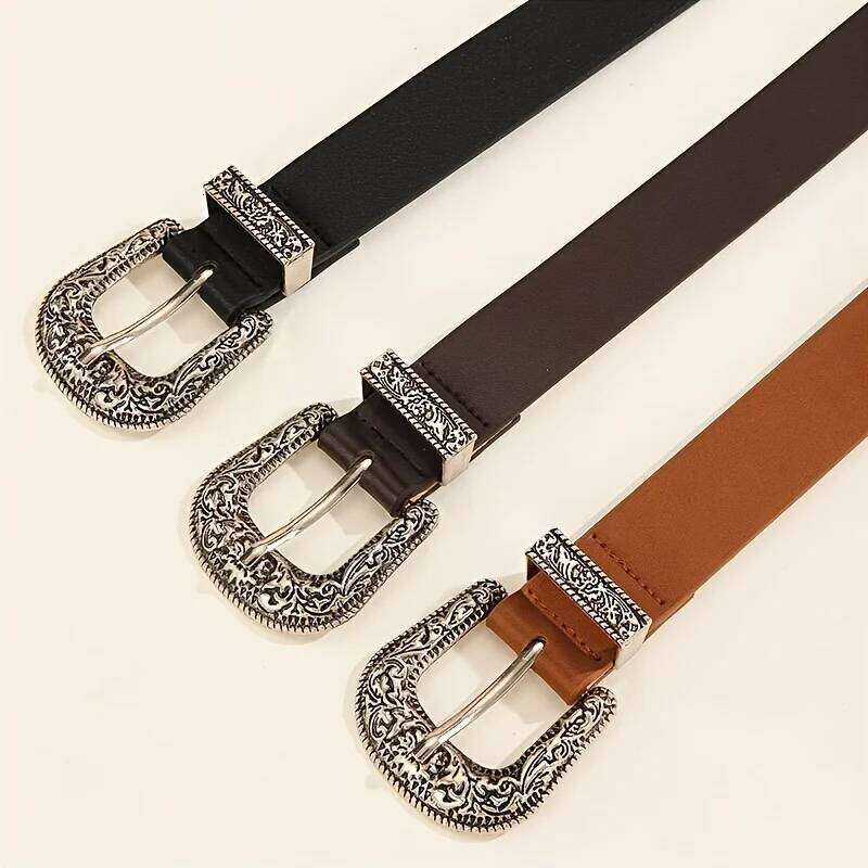 Women's Vintage Carved Men's Fashion Double Buckle Belt Hip Hop Rock Y2K Style PU Belt, Suitable for Men Women Y260225
