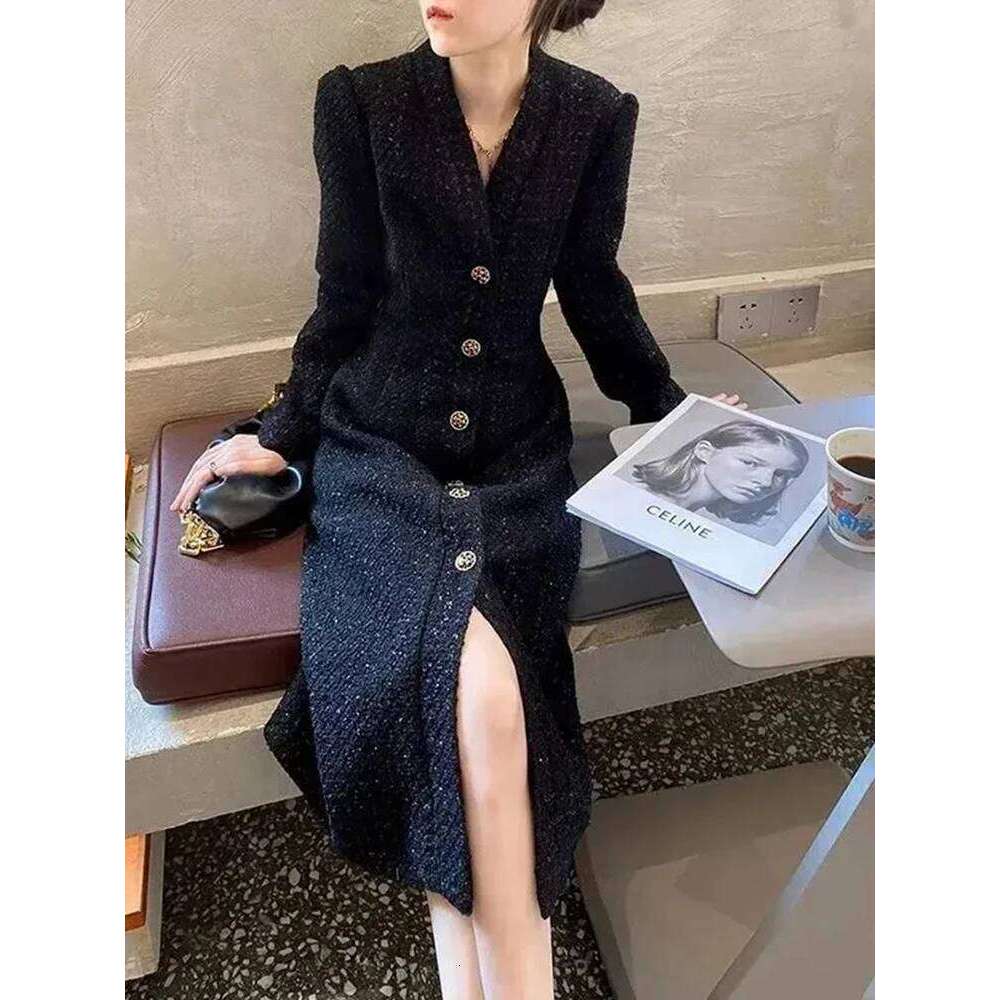 Black Elegant Button Midi Women Autumn Winter V Neck Office Lady Dresses Female Long Sleeve Chic Casual A Line Dress New XJ260225