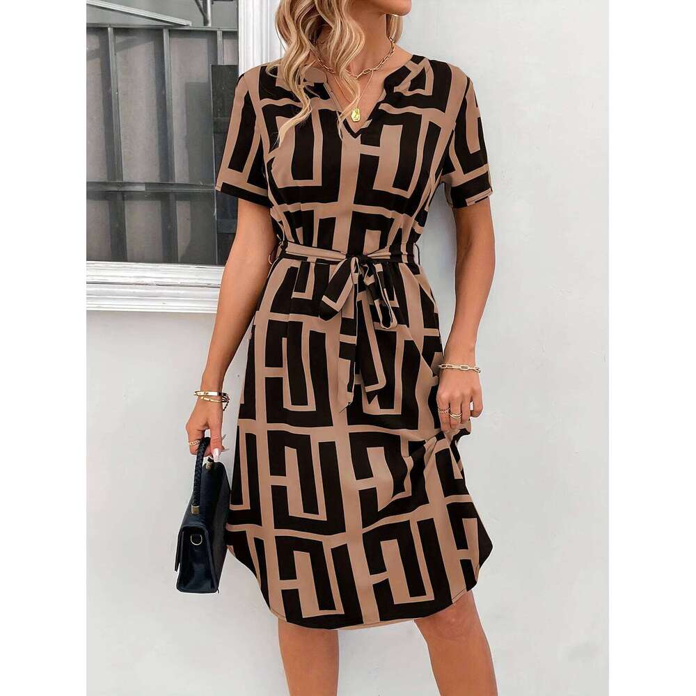 European American temperament, light and mature short sleeved plaid dress, summer vacation small hem belt, V-neck A-line mid XJ260225