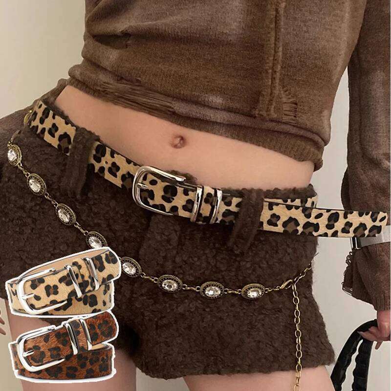 Y2K Retro Leopard Print Fashionable Women's Punk Alloy Buckle PU Leather Decorated Belt Y260225