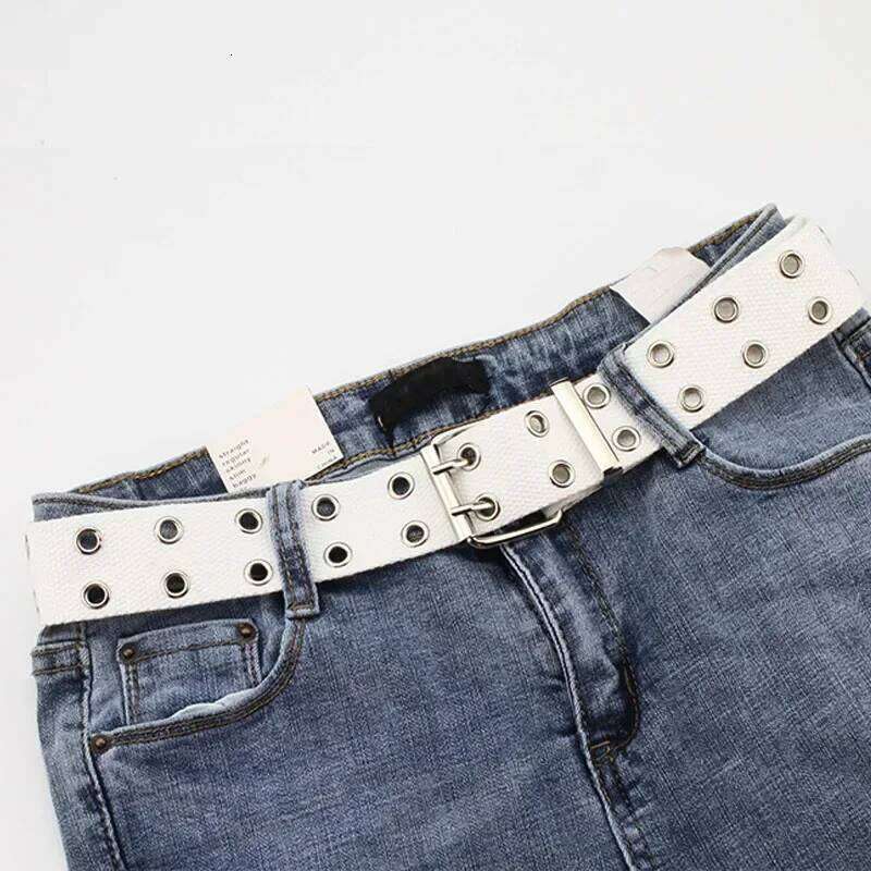 Fashion Wide Canvas Belts Casual Double Hollow Hole Buckle Belt Adjustable Solid Color Waist Strap For Women Men Students Jeans Y260225