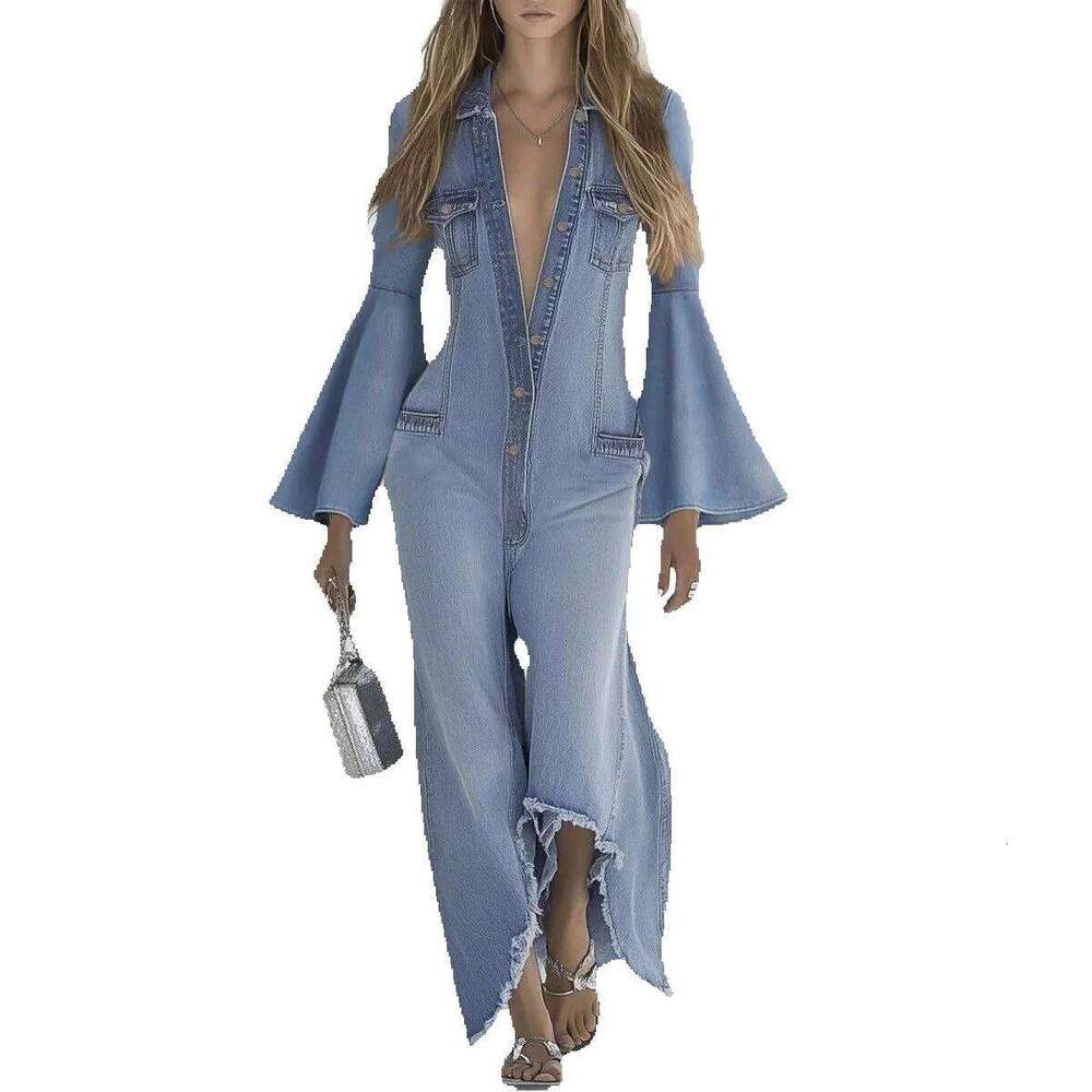 2026 Spring And Autumn New Women's Loose Solid Color Casual Single-Breasted Denim Jumpsuit