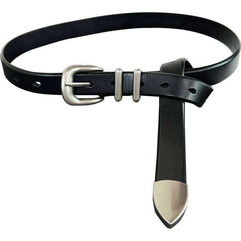 Women Men Vintage Silver Black Waistband leather Cowskin Buckle Belt 125cm Y260225