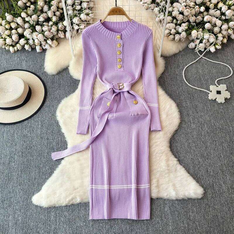 YuooMuoo Chic Fashion Autumn Winter Sleeve Knitted Bodycon Women Elegant Sash Bandage Long Sweater Dress Vestidos XJ260225