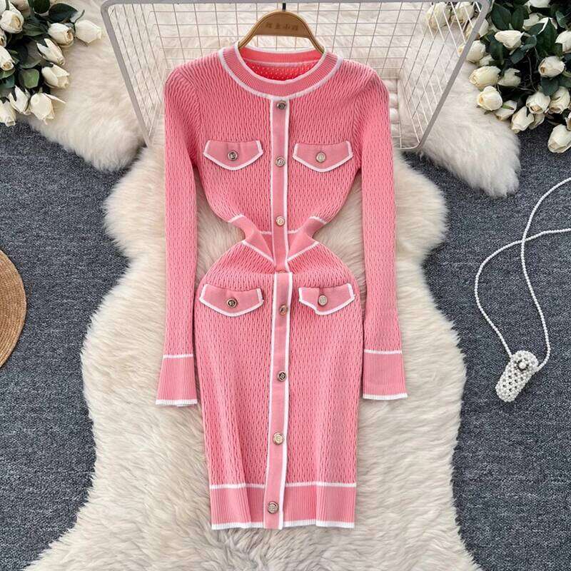 YuooMuoo Women 2024 New Autumn Winter O-neck Brand Buttons Knitted Sweater Dress Lady Bodycon Mini Party Vestidos Outfits XJ260225