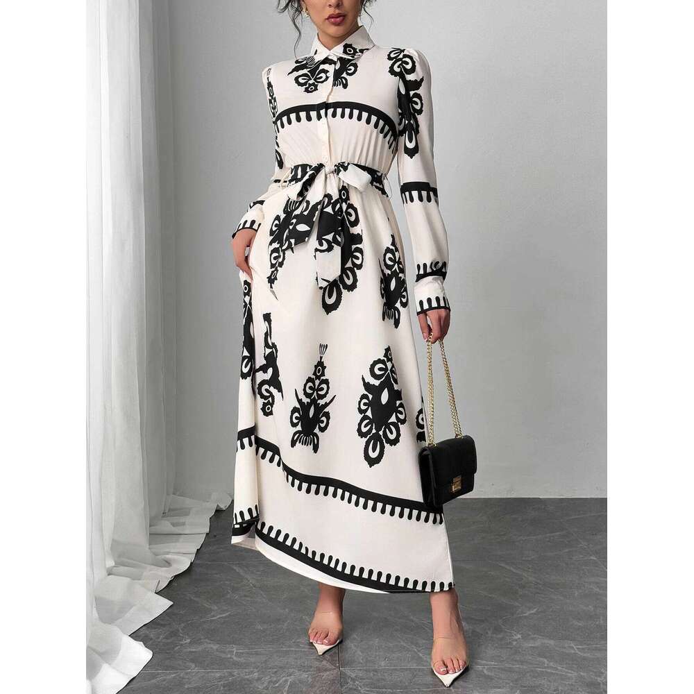 Women's Spring Summer White Black Dresses Retro Ethnic Print Shirt Collar Long Sleeve Tie Waist Midi Dress Elegant Casual Style XJ260225