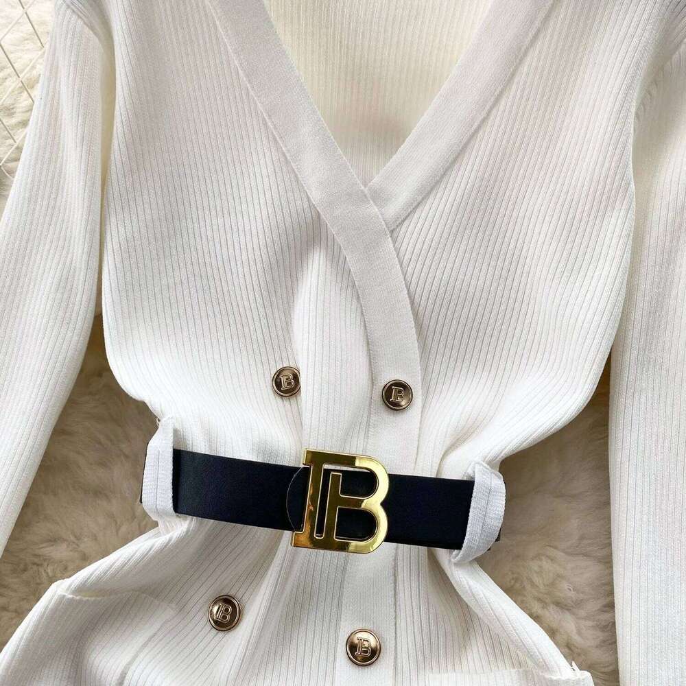 YuooMuoo Lady Brand Letter Buttons Knitted Sweater with Belt Elegant Double-breasted Bodycon Office Dress Party Vestidos XJ260225