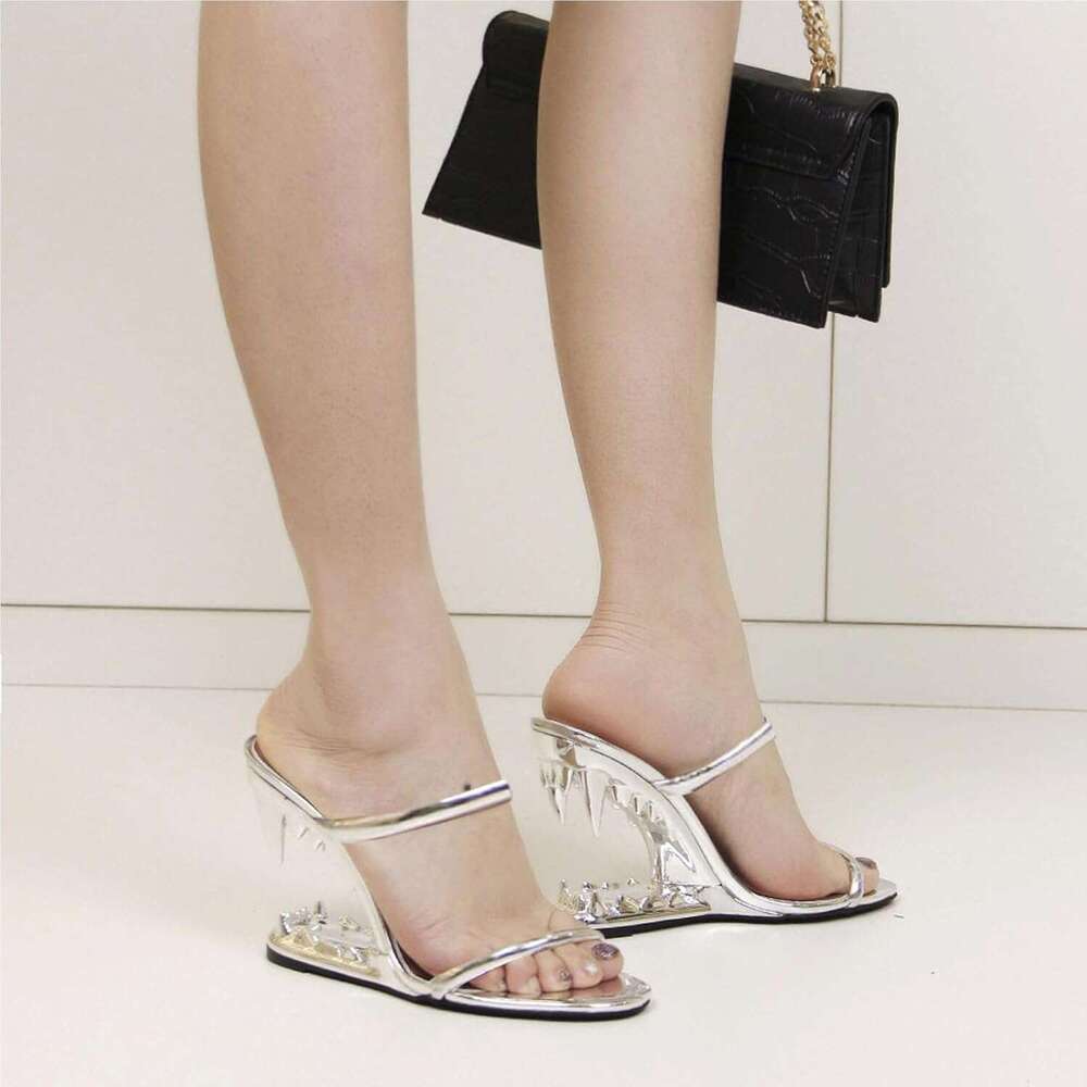 Wedge For Women Strappy Round Open Toe Heels Metallic Shark Tiger Teeth Heeled Sandals Flip Flops Thong Womens Mules Slip On Party Dress Wedding Cerem