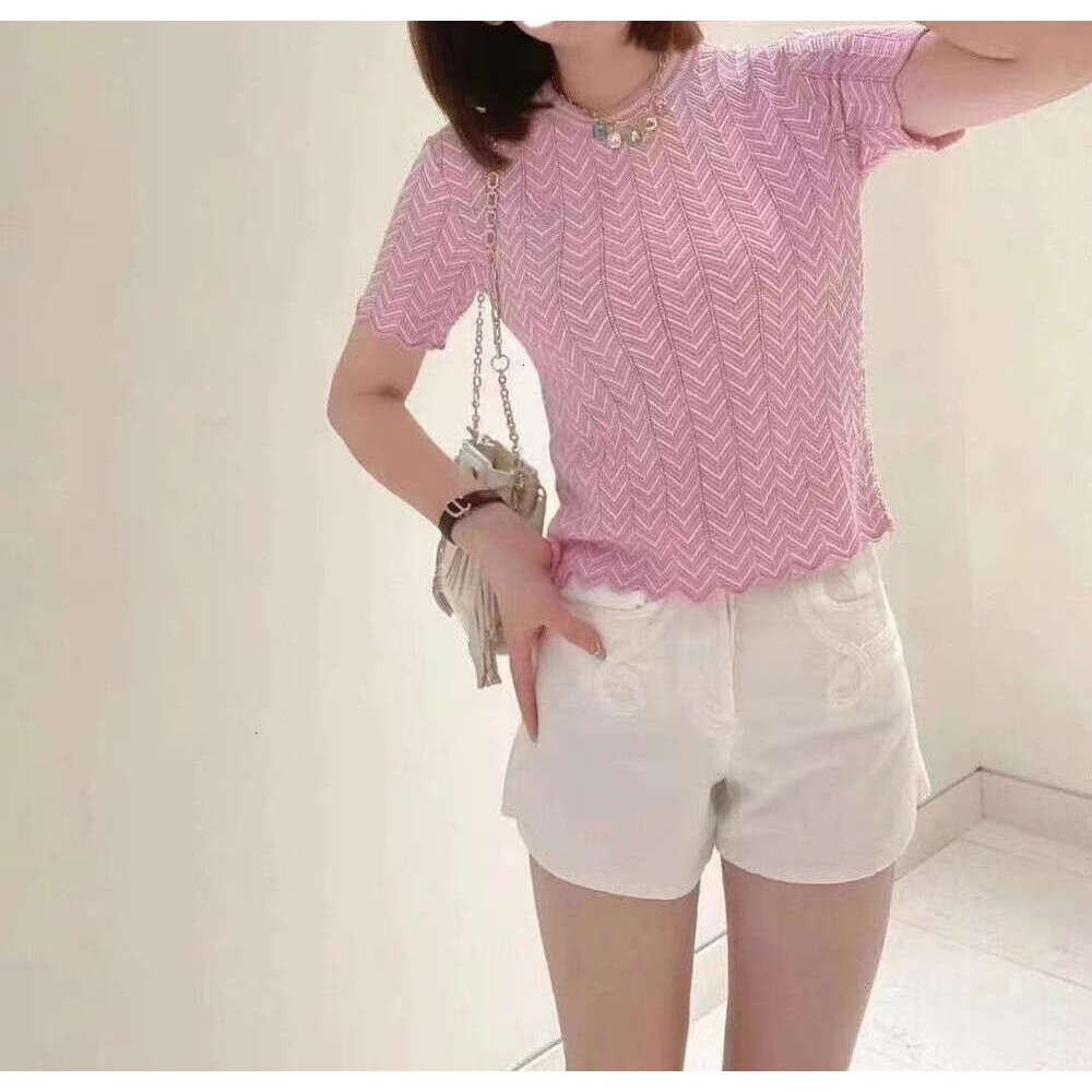 2026 Designer Spring/Summer New Cross shaped Hollow Wave Edge Knitted Short Sleeve Top