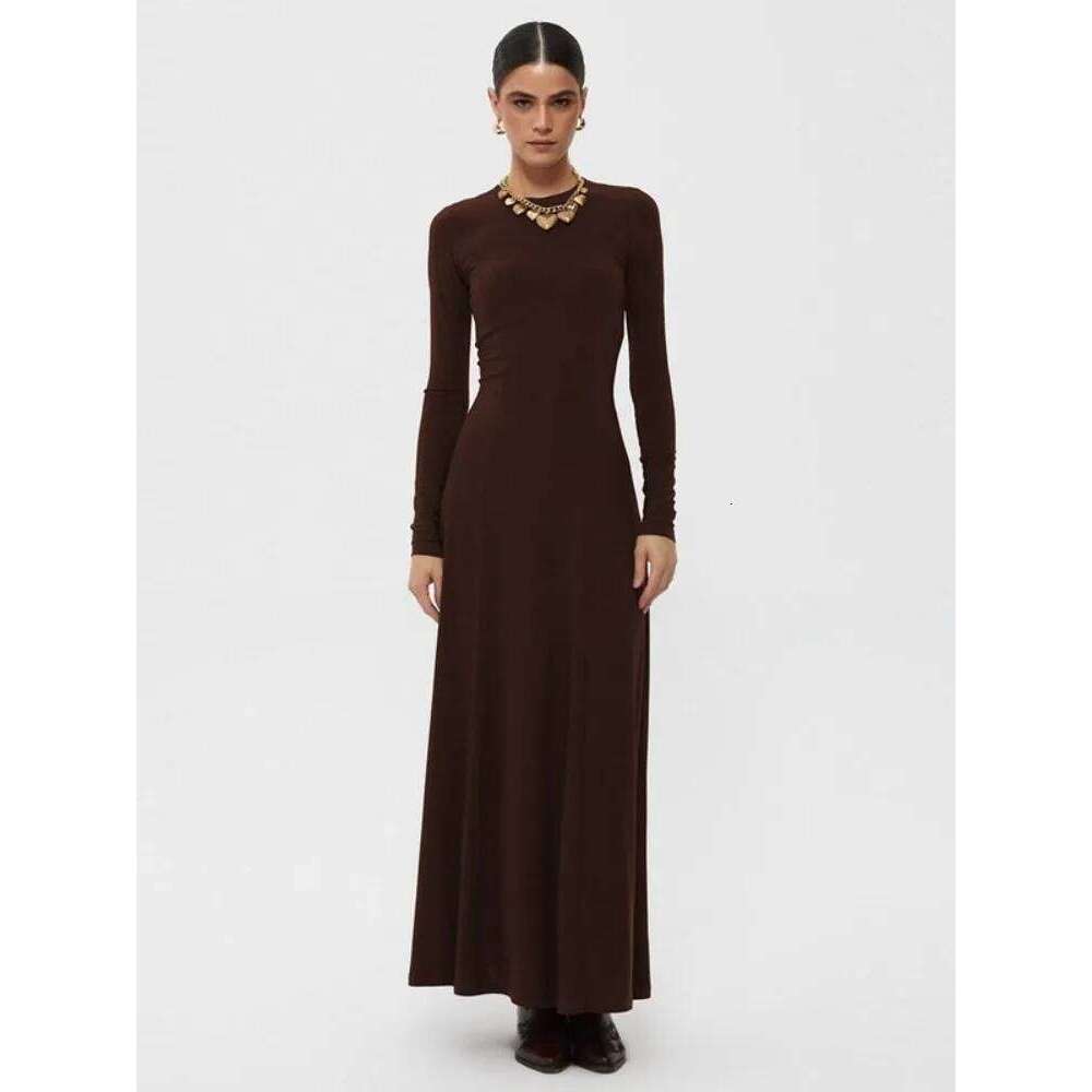 Elegant Retro Minimalist Round Neck Long Sleeve Dress Women High Waist Slim Fit Maxi A Line Skirt Vintage Chic Aesthetic Street XJ260225