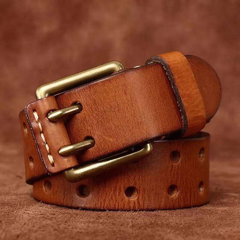 3.8cm Wide Retro Men's Cowhide Real Genuine Leather Copper Double Needle Buckle Handmade Jeans Belt Fashion Male Strap Y260225