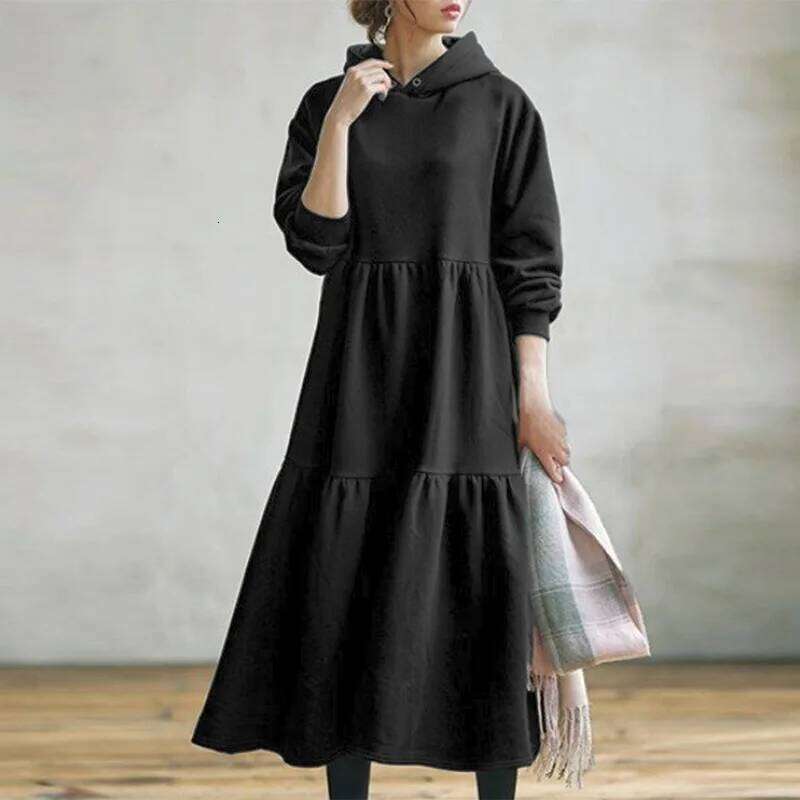 Women's European American Autumn Winter New Solid Color Minimalist Casual Versatile Hooded Sweatshirt Retro Loose Maxi Dress XJ260225