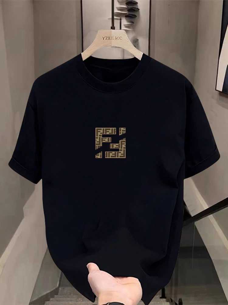 T-Shirt, Geometric Monogram Print with Gold Accents, Heavyweight Combed Cotton Relaxed Drop-Shoulder Crew Neck for Smart Casual WearT260225