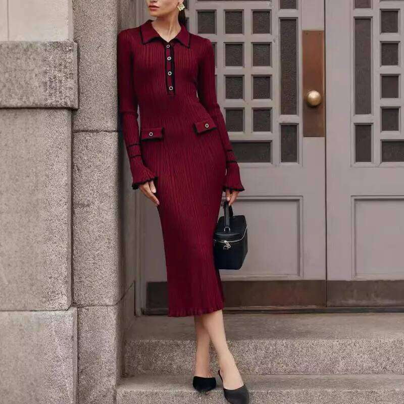 Ruffled Knitted Scallop Women's Autumn Winter Elegant Demeanor Sweater Turn Down Collar Slim Half Button Mid Length Dress XJ260225