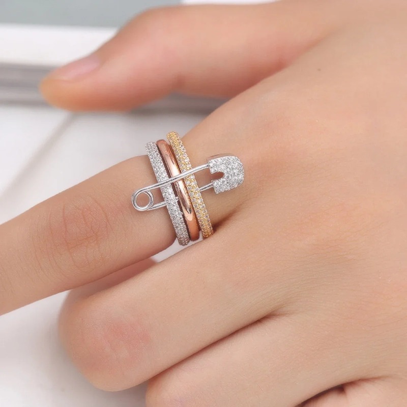 European American Three Color Separable Ring For Women Personality Micro Inlaid Zircon Pin Design Adjustable Finger Ring Fashion Jewelry