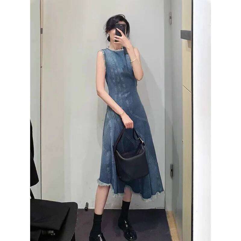 Spring and Summer Fashionable French Retro Denim Sleeveless Women's Loose Vest A-line Long Skirt Dress XJ260225