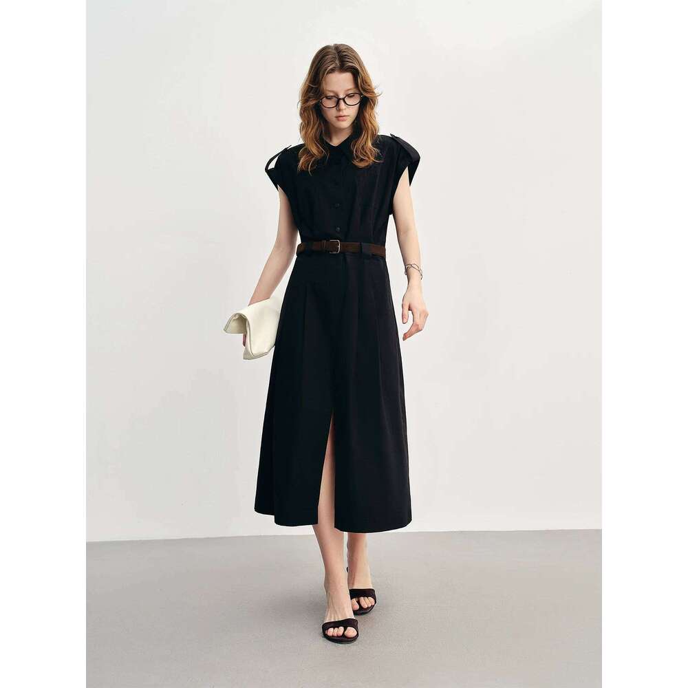 DUSHU Summer 2025 Sleeveless Shirt Dress - Drop Shoulder Tucked Pleats Draped Waist Flattering Cut Office to Outing XJ260225