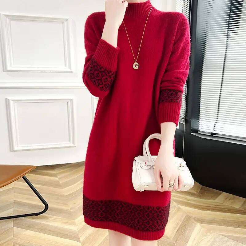 Trench Neck Wool for Women 2025 Autumn and Winter New Loose Temperament Knitted Versatile Elegant Dress XJ260225