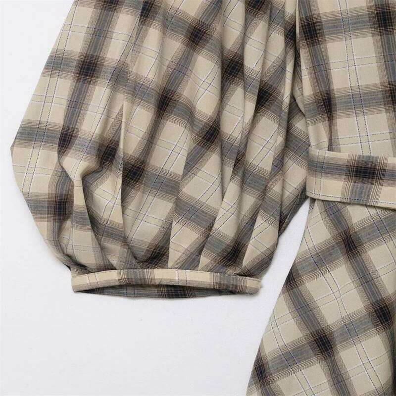 Women's Plaid Long Sleeve Midi with Belt - Vintage Checked Button Front Dress for Casual & Office XJ260225