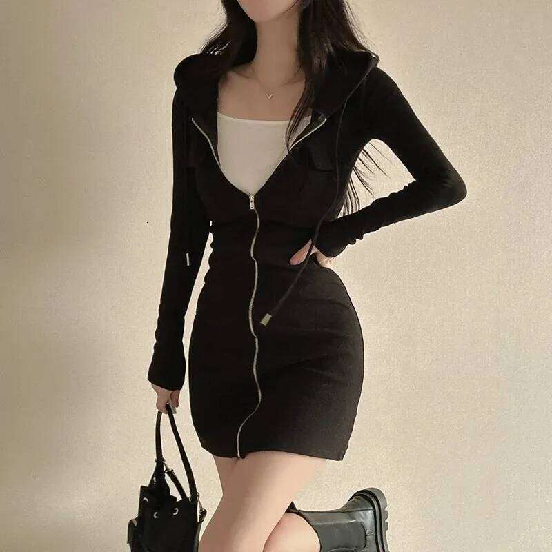 Long Sleeve High Waist Bodycon Slim Casual Short Dress American Simple Solid Color Hooded Zipper XJ260225