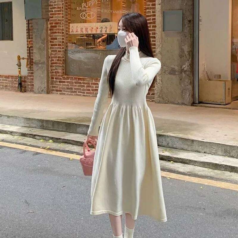 Gentle Long-sleeved Half-high Collar Knitted Dress Women New Autumn Long Skirt XJ260225