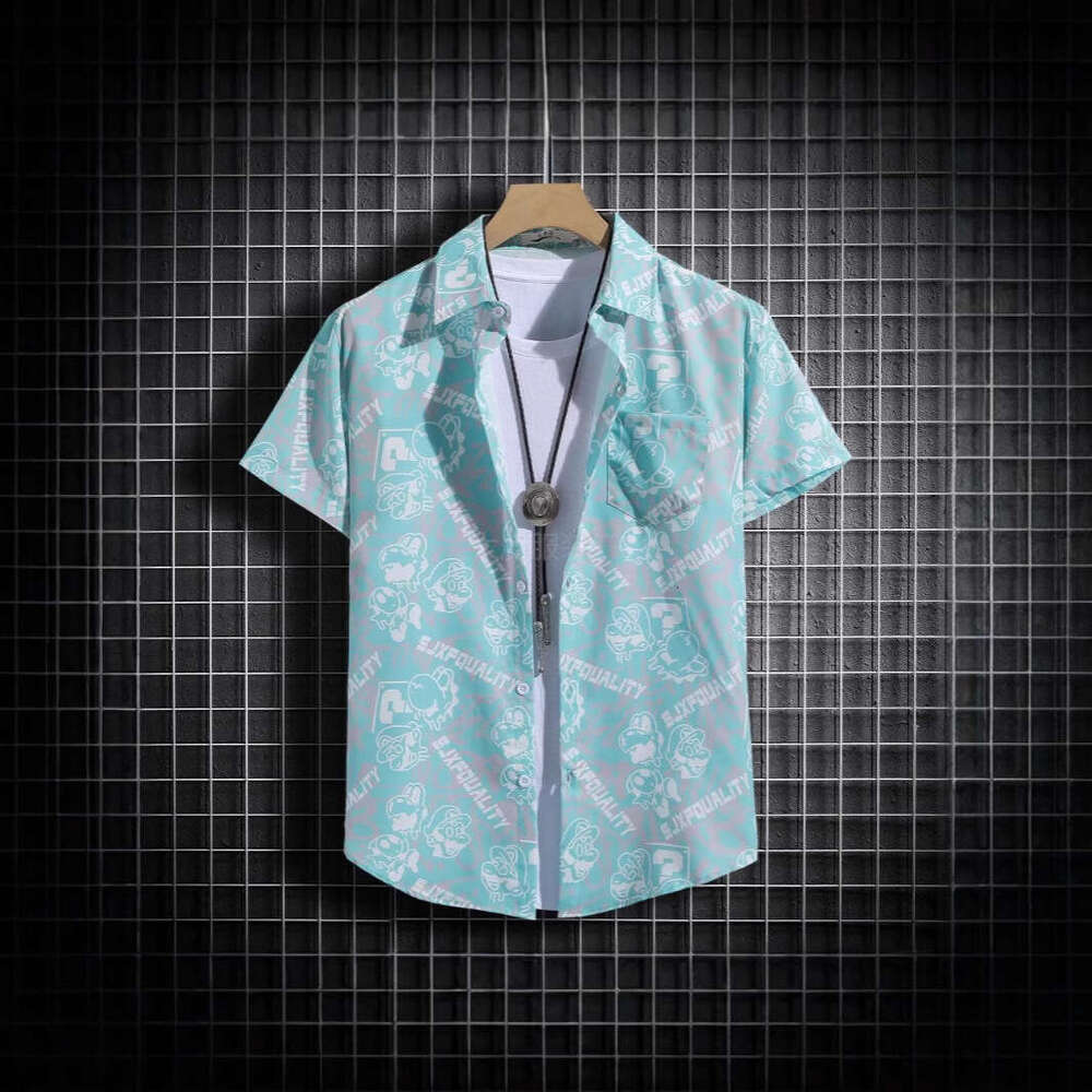 Men's Sleeve Shirt Breathable Summer Korean Style Trendy Printed Half Loose Cut Fits All Body Types, Perfect For Daily Outings And Beach Vacation