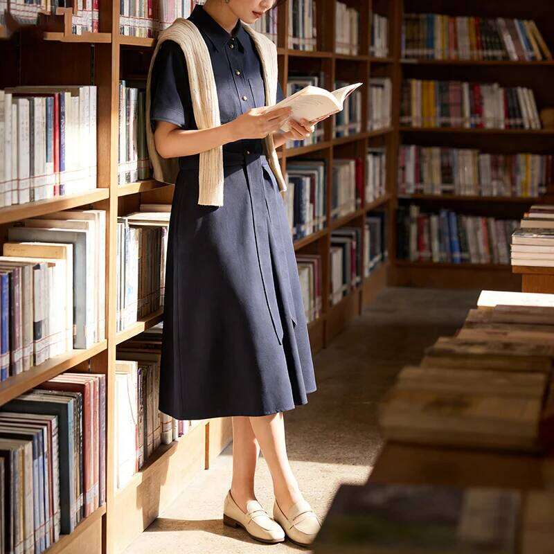 Women's Short-Sleeve Formal Navy Blue Belted Mid-Length Dress, Suitable for Office, Business, and Casual Events XJ260225