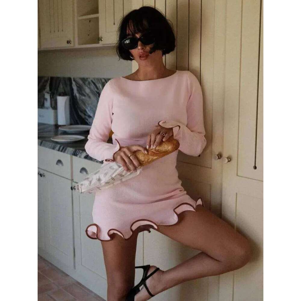 Knit Black Mini Women Autumn Long Sleeve Ruffled 2024 Fashion Elegant Party Dress Commute Female Short Sweater Dresses XJ260225