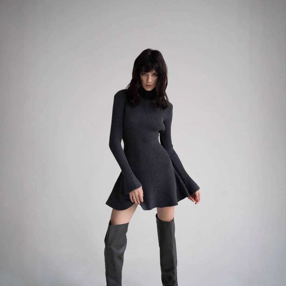 Mingmingxi 2025 New A-Line Knit for Women Semi High Neck Long Sleeve Elegant Sweater Casual Bodycon Party Dress XJ260225