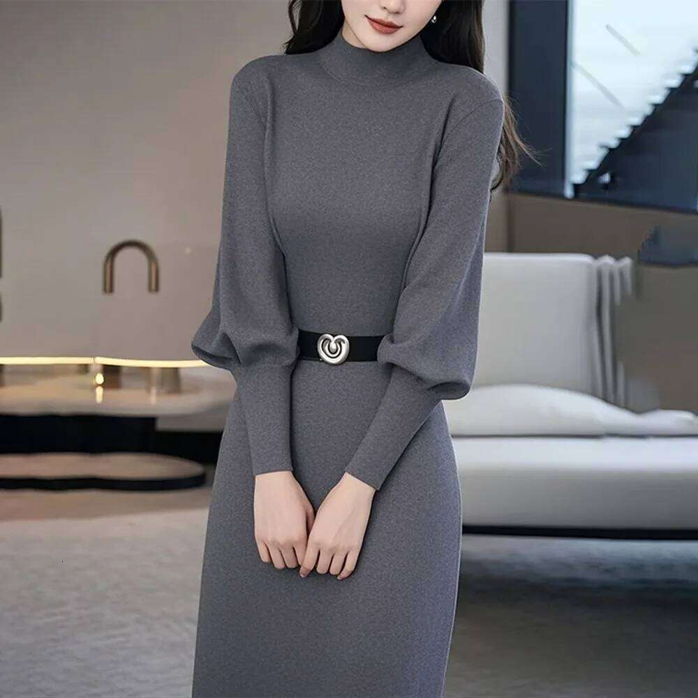 Autumn 2025 Winter New Chic Sweater Dresses Women's High-End Sense Slim Fashion Inner Waisted Grey Knitted Pullover Dress XJ260225