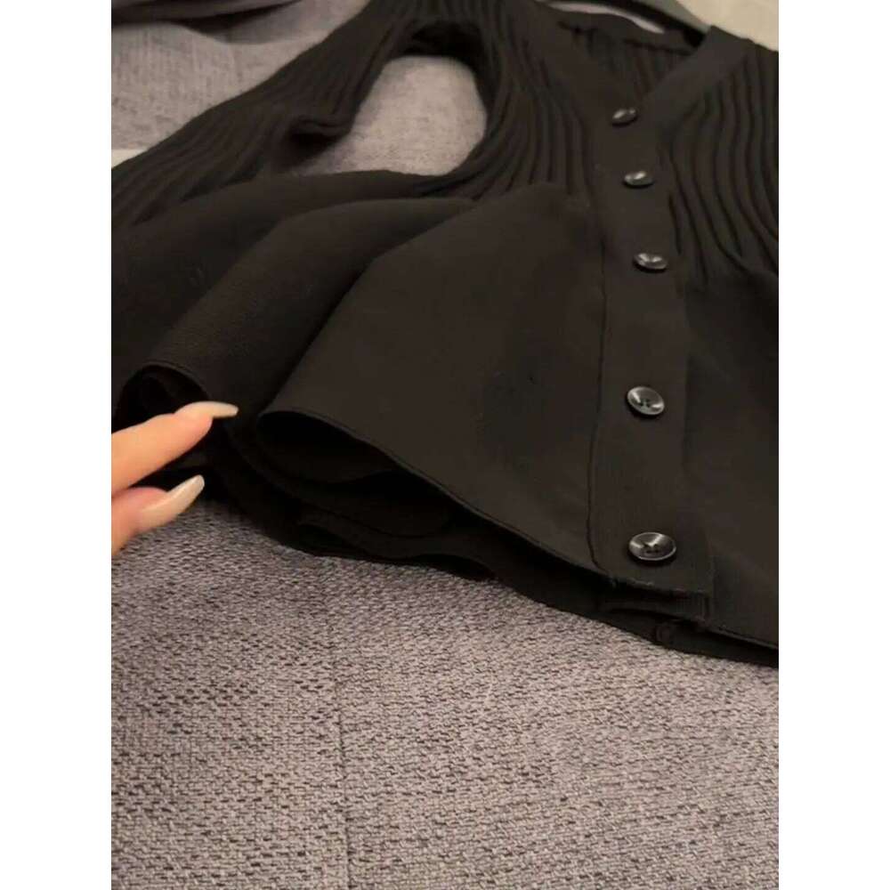 Vintage Elegant Dress Long Sleeve V-neck Knitted Dresses Women Casual Single Breasted Slim Fit Autumn Korean Sexy Style Skirt XJ260225