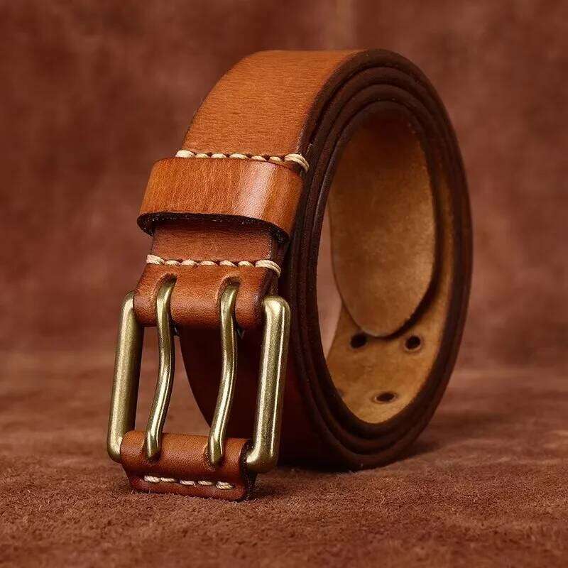 3.8cm Wide Retro Men's Cowhide Real Genuine Leather Copper Double Needle Buckle Handmade Jeans Belt Fashion Male Strap Y260225