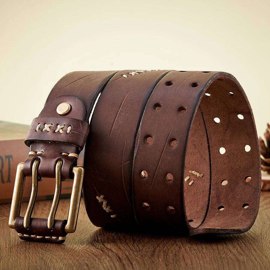 3.8CM Real Genuine Leather Luxury Designer Brass Double Pin Buckle Belts Pure Cowskin Vintage Strap Male Jeans Belt for Men Y260225