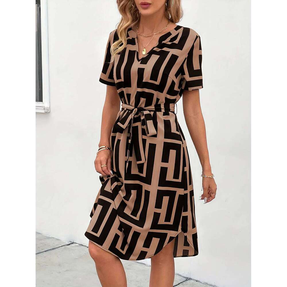 European American temperament, light and mature short sleeved plaid dress, summer vacation small hem belt, V-neck A-line mid XJ260225