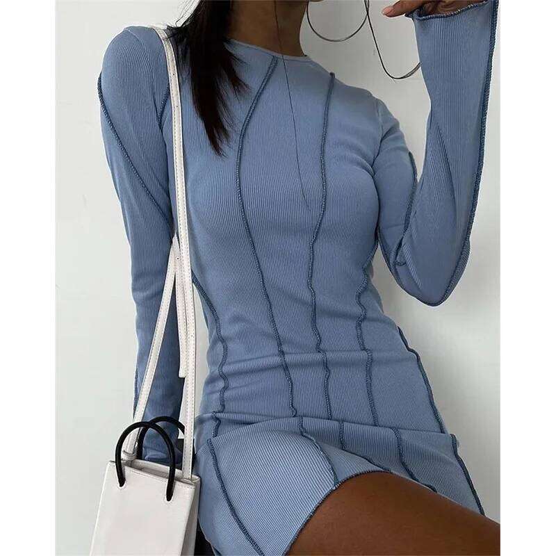 Flare Sleeve Ribbed Bodycon Dress Women Autumn Winter Full Sleeves Sheath Mini Vestidos De Festa Contrast Stripes Sexy Dresses XJ260225