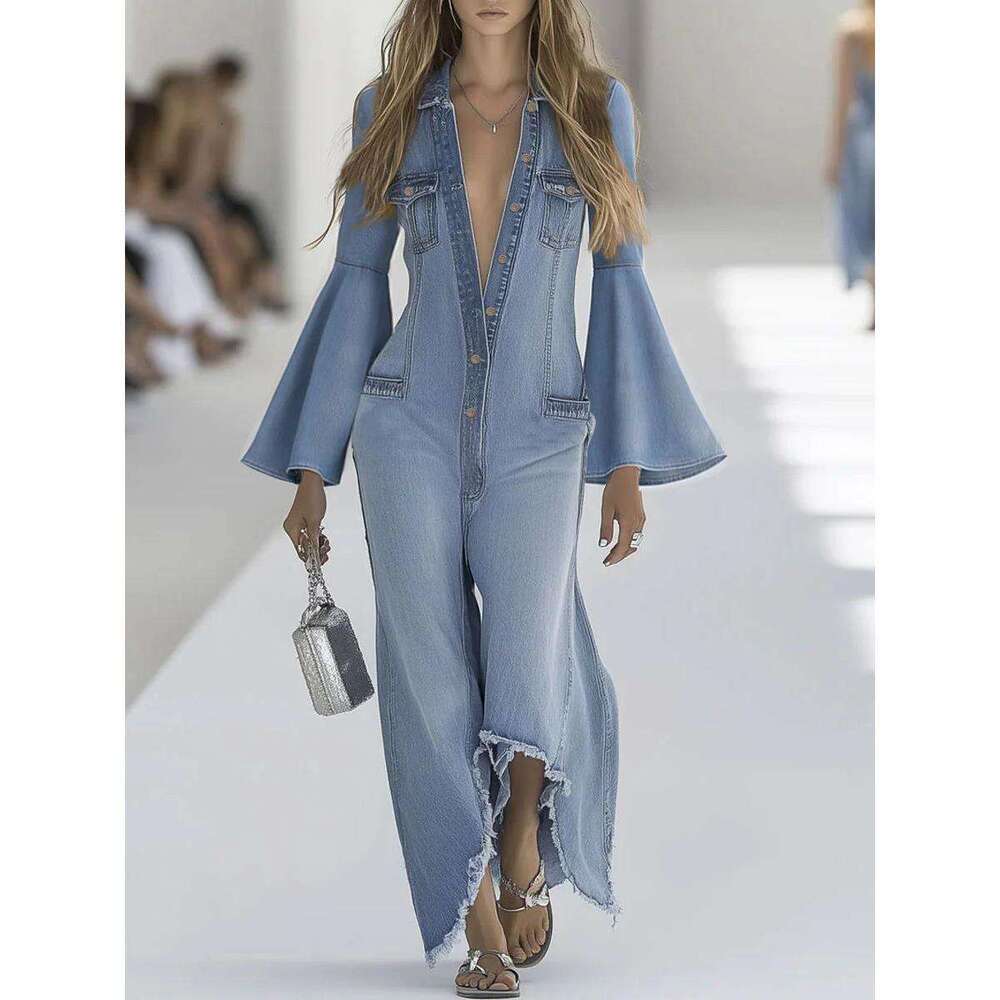 2026 Spring And Autumn New Women's Loose Solid Color Casual Single-Breasted Denim Jumpsuit