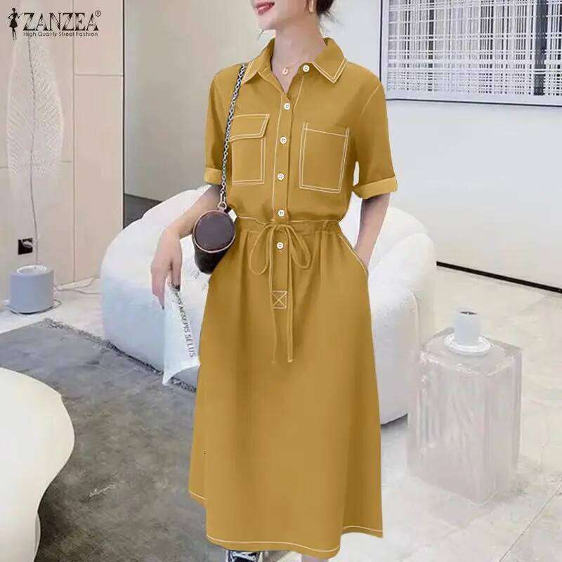 Fashion Contrast-Stitch Long Dresses Women's Turn-Down Collar Short Sleeve Half Buttons Cinch-Waist Shirt Dress ZANZEA Woman XJ260225
