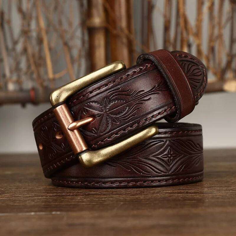 3.8CM Pure Cowhide Genuine Leather Retro Fashion Personality Embossed for Men Luxury Brand Design Male Copper Buckle Belts Y260225