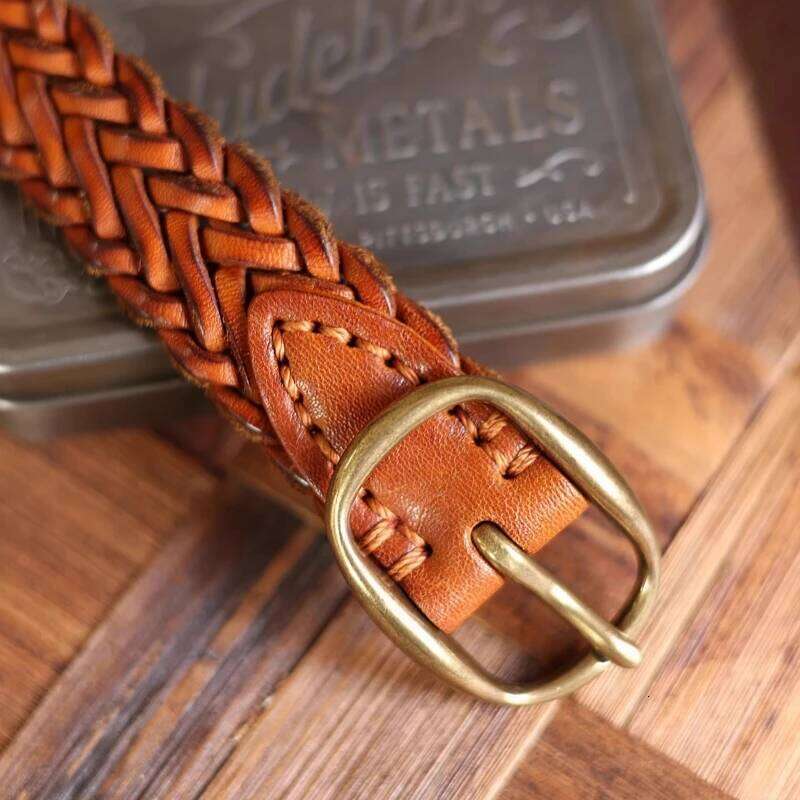 Retro Genuine Vegetable Tanned Leather Belt for Women with Pure Copper Button Hand-Woven Jeans Style Unisex Fashion Luxury Y260225