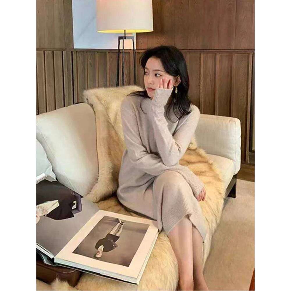 Women's Pure Cashmere Knit Dress Simple round Neck Knee-High Coat Long Sweater Skirt Autumn Winter Fashion New Arrival XJ260225