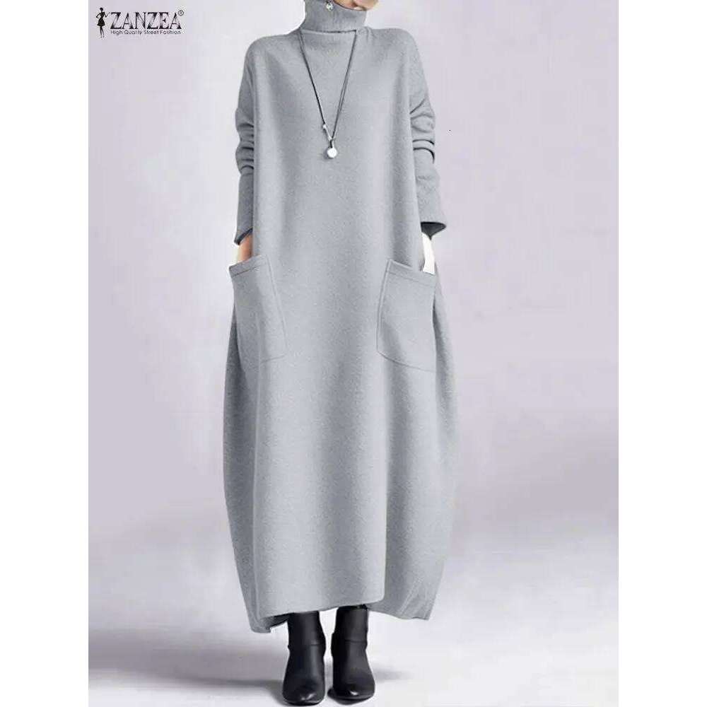 ZANZEA Fashion Sweatshirt Dress Women Casual Turtleneck Long Sleeve Solid A-Line Midi Dresses for Woman FW 2025 Cozy Warm Robes XJ260225