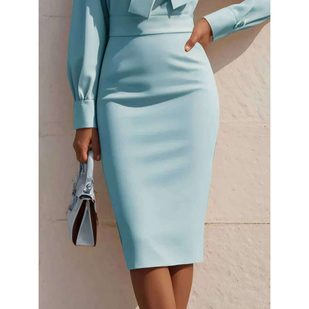 Women's Solid Color Bow Neck Long Sleeve Waisted Midi Dress XJ260225