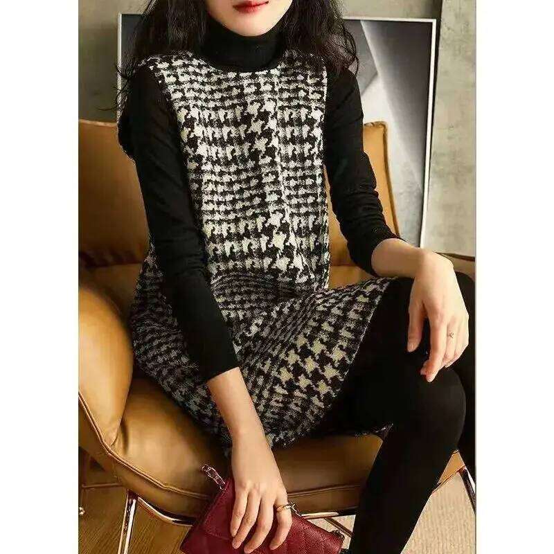 Skirt Women's Autumn Winter New Korean Version Mid Size Black and White Checkered Vest Sleeveless Dress XJ260225