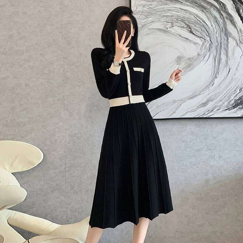2026 New Autumn Winter O-neck sleeved knitted Pockets single breasted high waisted A-line long sweater Dress XJ260225