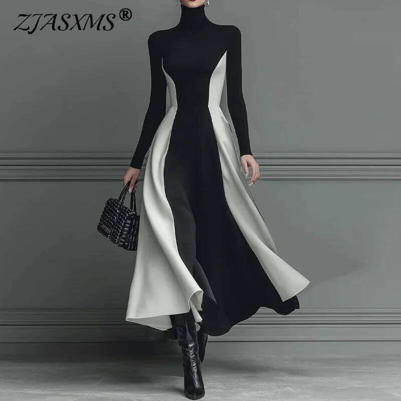 2026 Spring Contrast High Waist A-Line Woman Sexy Turtleneck Elegant Party Dresses Fall Casual Long Sleeve Slim Boho Dress XJ260225